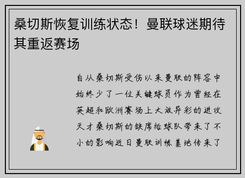 桑切斯恢复训练状态！曼联球迷期待其重返赛场