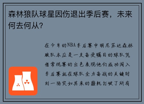 森林狼队球星因伤退出季后赛，未来何去何从？