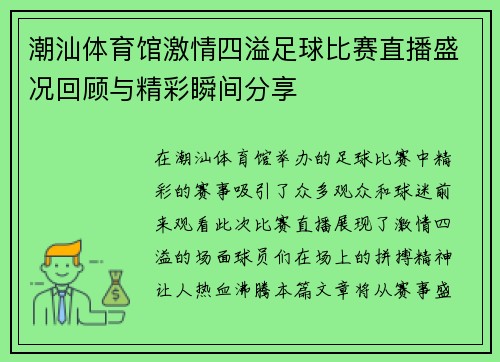 潮汕体育馆激情四溢足球比赛直播盛况回顾与精彩瞬间分享